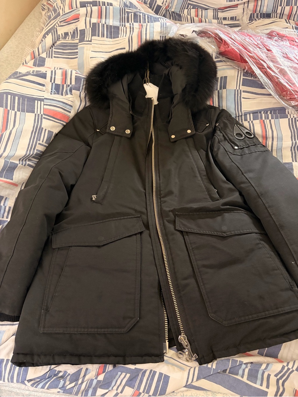 Moose Knuckles Black Fur-Trim Hooded Puffer Parka